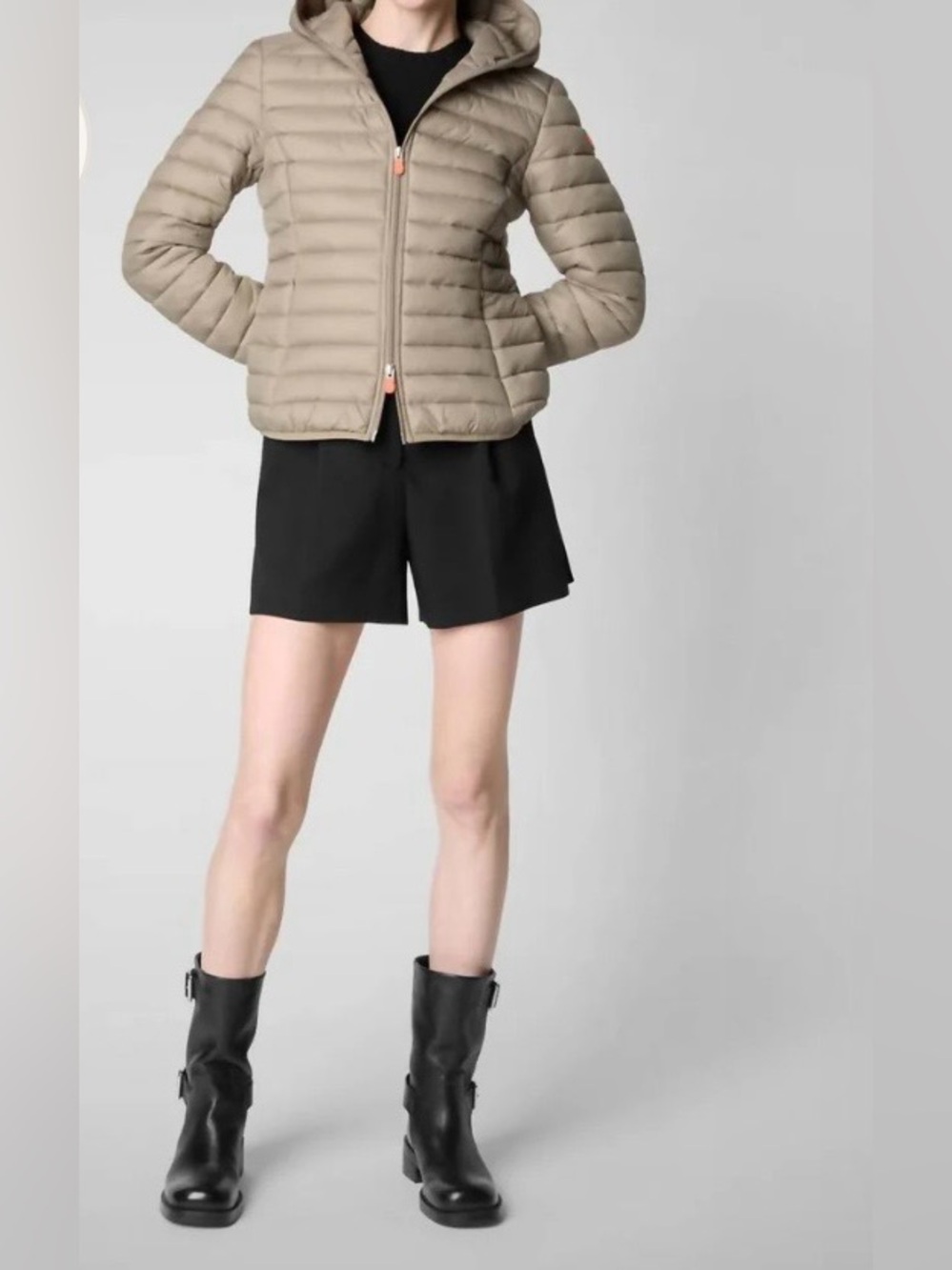 SAVE THE DUCK Light Gray Quilted Ultra Light Jacket with Orange Zip Pull M